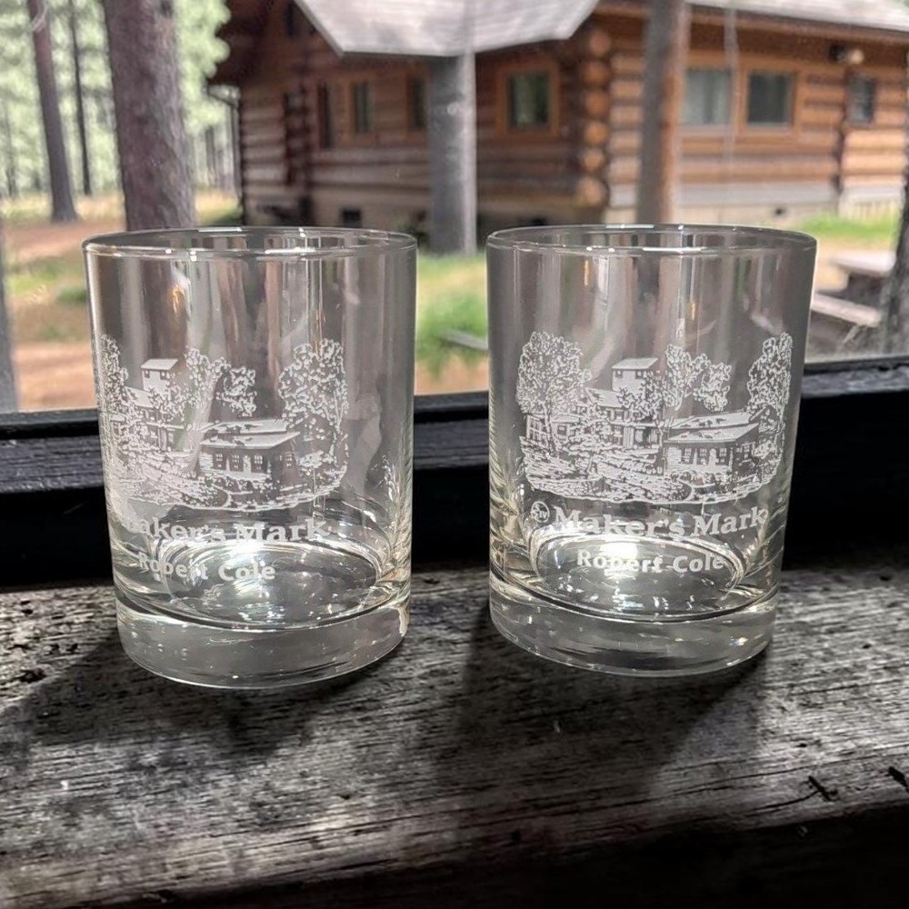 Makers Mark Whiskey Glasses, Set of 2, Vintage Etched Robert Cole Cabin Design